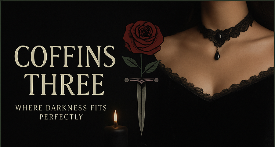 Gothic-themed product display with a rose, dagger, and text 'COFFINS THREE' on a dark background.